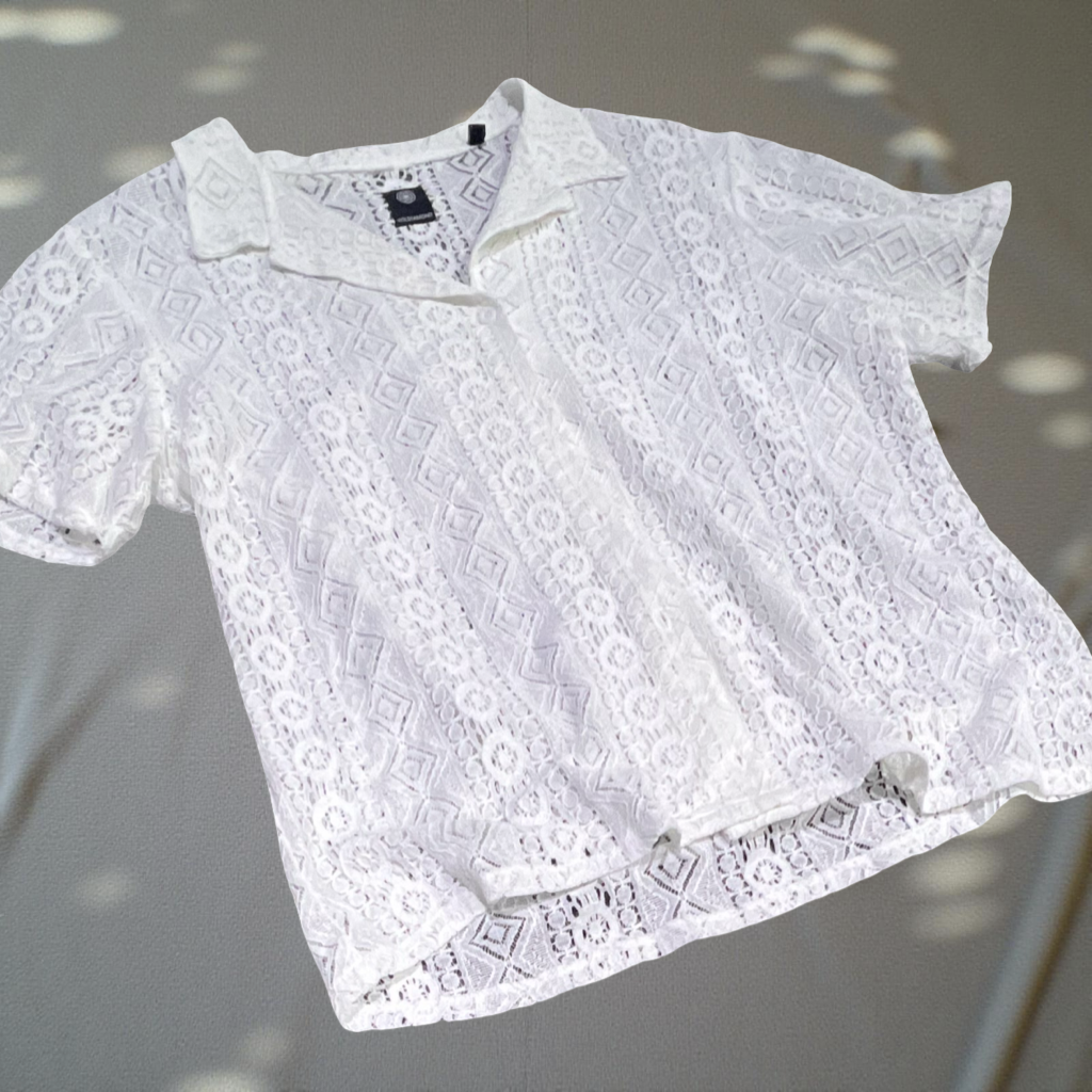 Lace Hollow Out Transparent Buttons Short Sleeve Shirt Turndown Collar