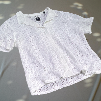 Lace Hollow Out Transparent Buttons Short Sleeve Shirt Turndown Collar