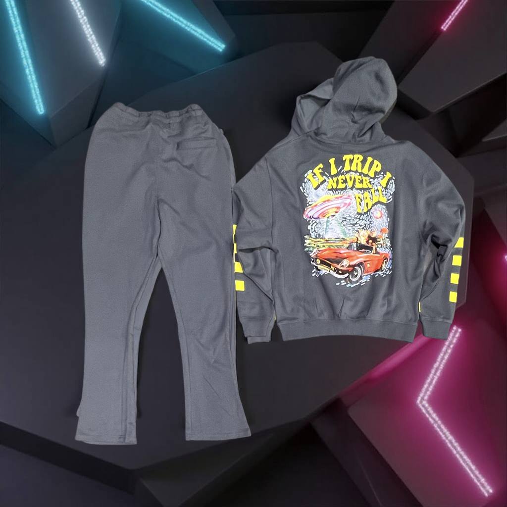 CV5482 Civilized If I Trip I Never Fall Dark Grey Stacked Fit Hoodie Jogger Set