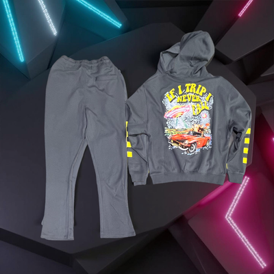 CV5482 Civilized If I Trip I Never Fall Dark Grey Stacked Fit Hoodie Jogger Set