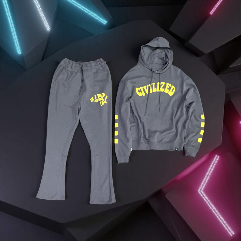 CV5482 Civilized If I Trip I Never Fall Dark Grey Stacked Fit Hoodie Jogger Set