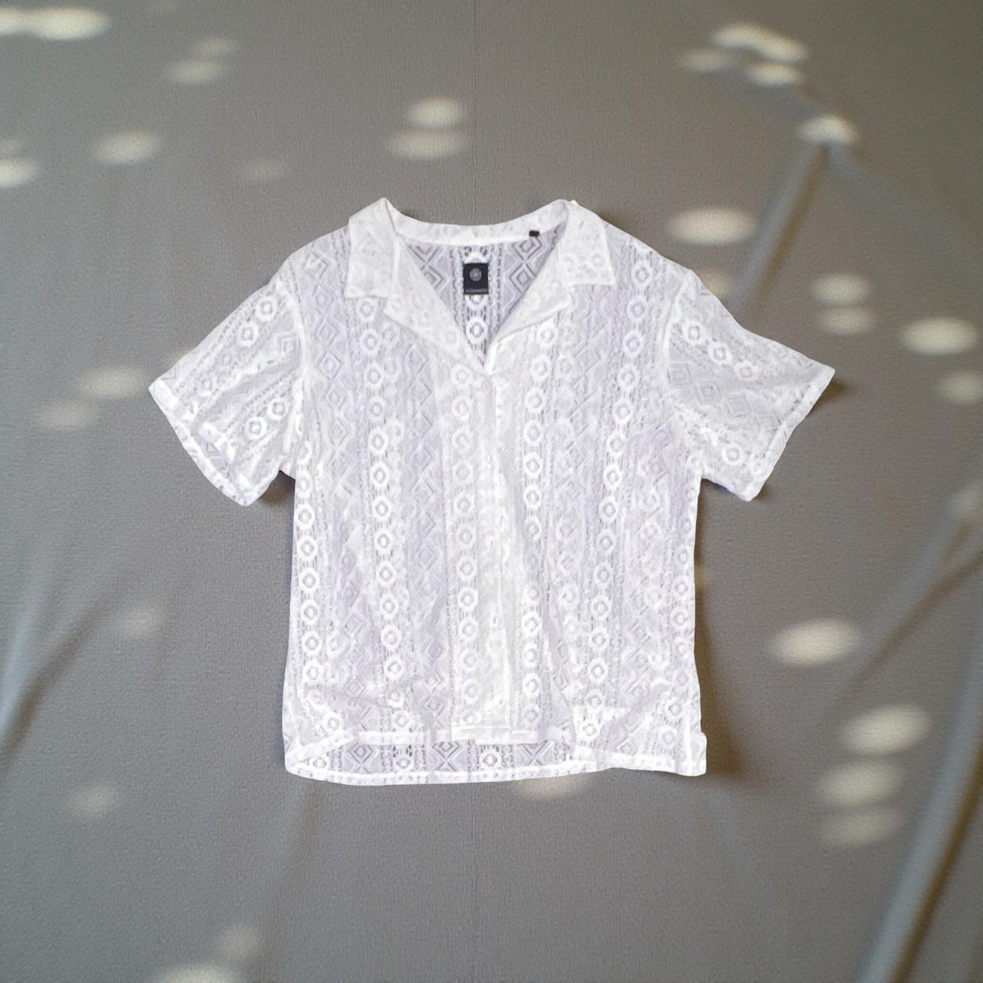 Lace Hollow Out Transparent Buttons Short Sleeve Shirt Turndown Collar