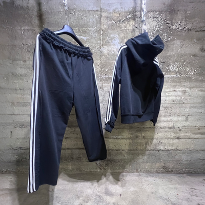 118510 Double Hood Stripped Heavy Suits Jogger Set Black