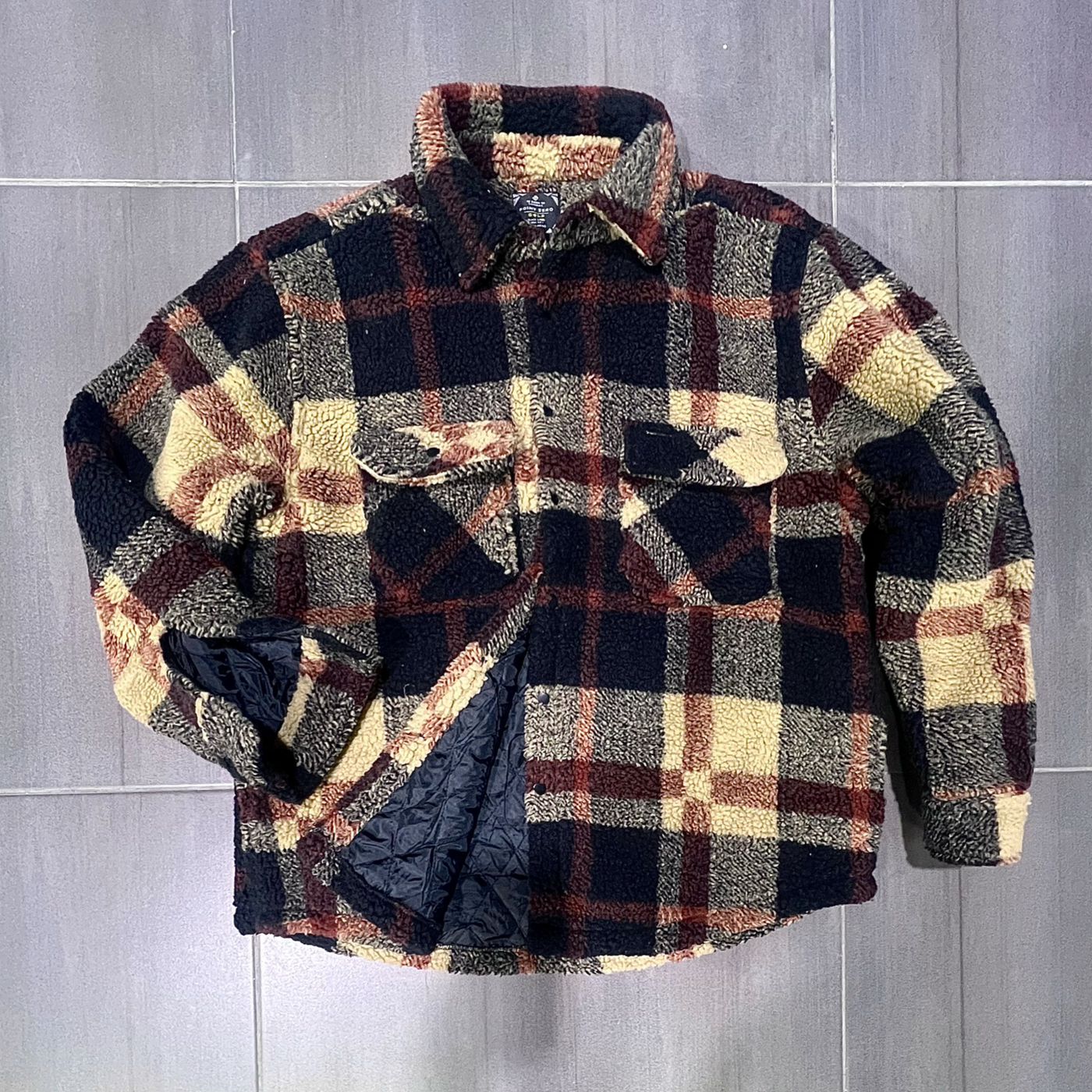 7364597 Point Zero Snap Sherpa Checkered Poly Oversize Shirt (Brown)