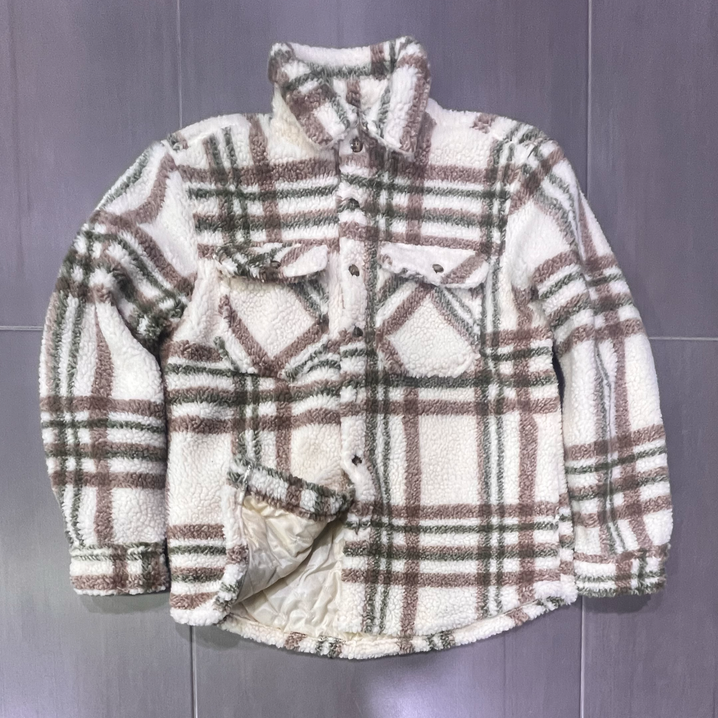 7364597 Point Zero Snap Sherpa Checkered Poly Oversize Shirt (Fog)