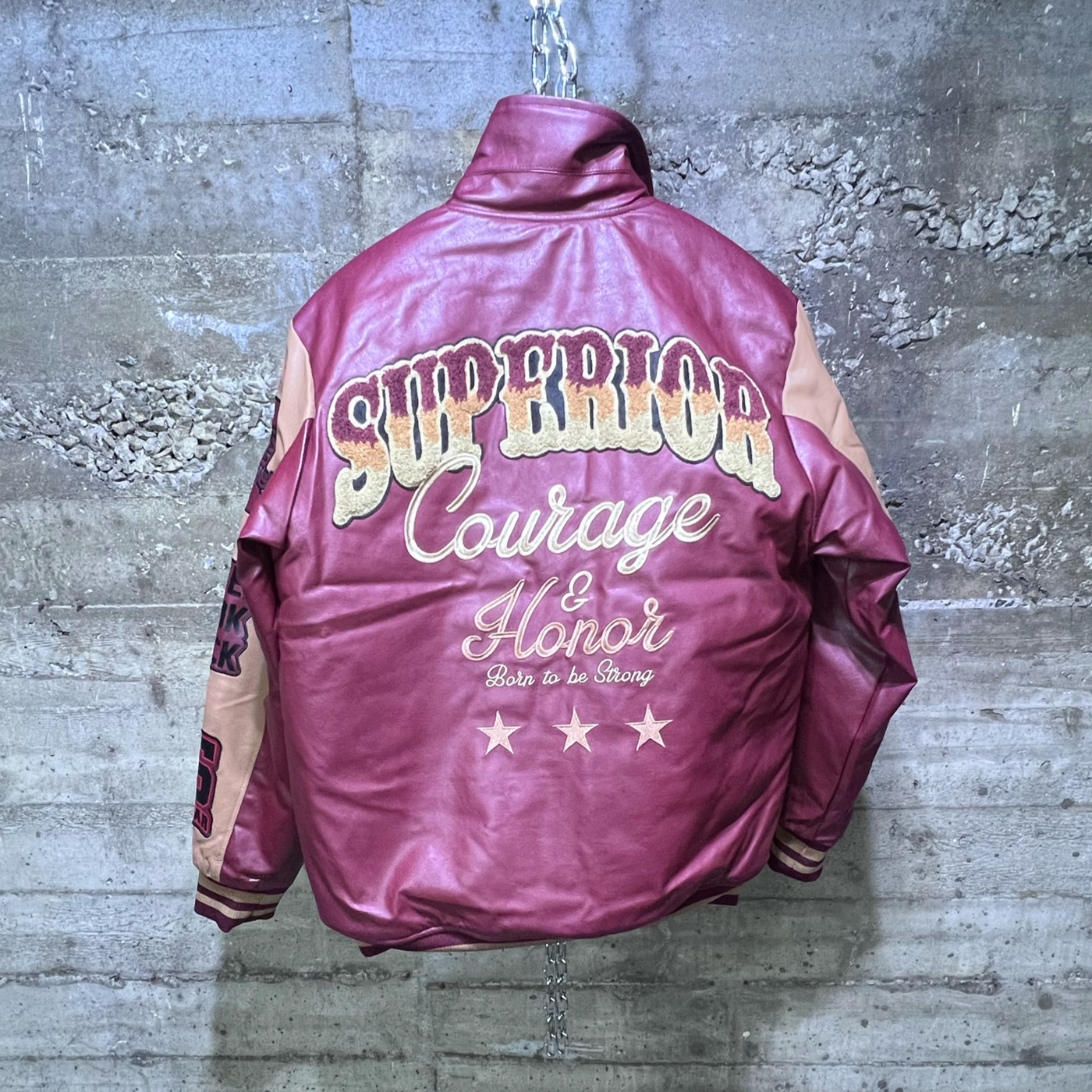 142-525 Rebel Minds Superior Courage and Honor Varsity Bomber Jacket Burgundy