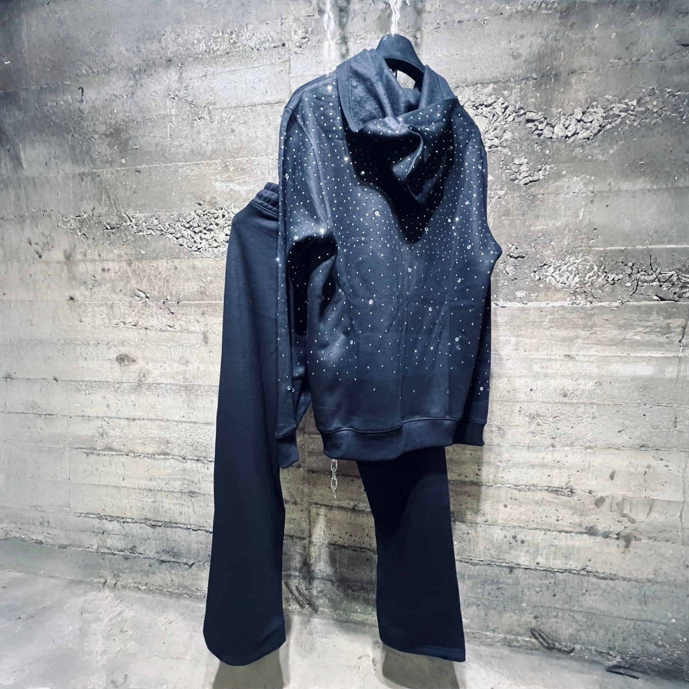 WN3852 Rhinestone Zipper Hoodie Jogger Set Black