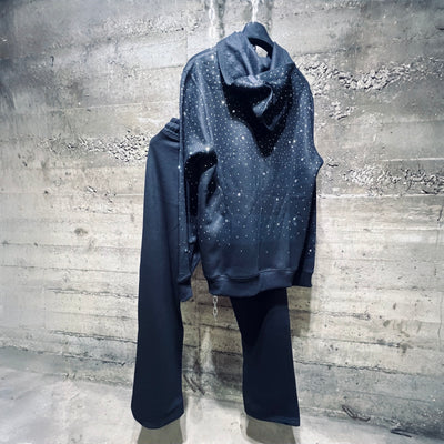 WN3852 Rhinestone Zipper Hoodie Jogger Set Black