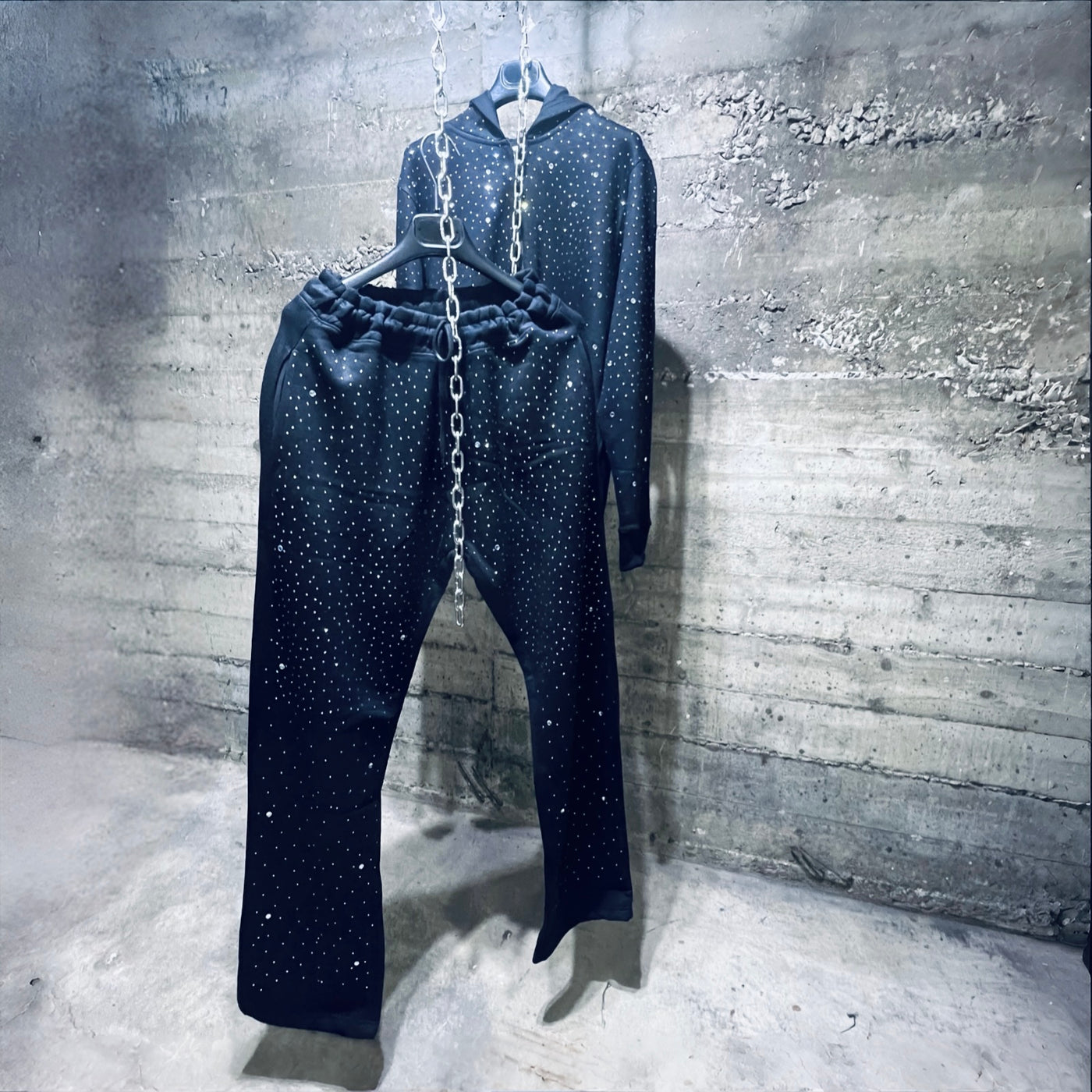 WN3852 Rhinestone Zipper Hoodie Jogger Set Black