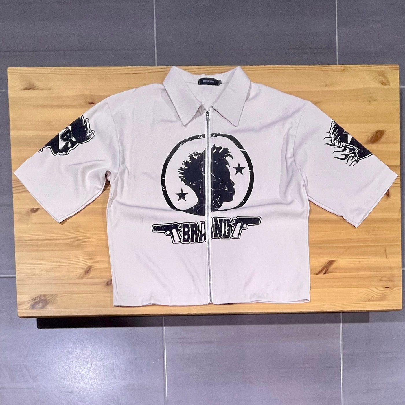 Xiang Oversized Graffiti Zipper Shirt Beige