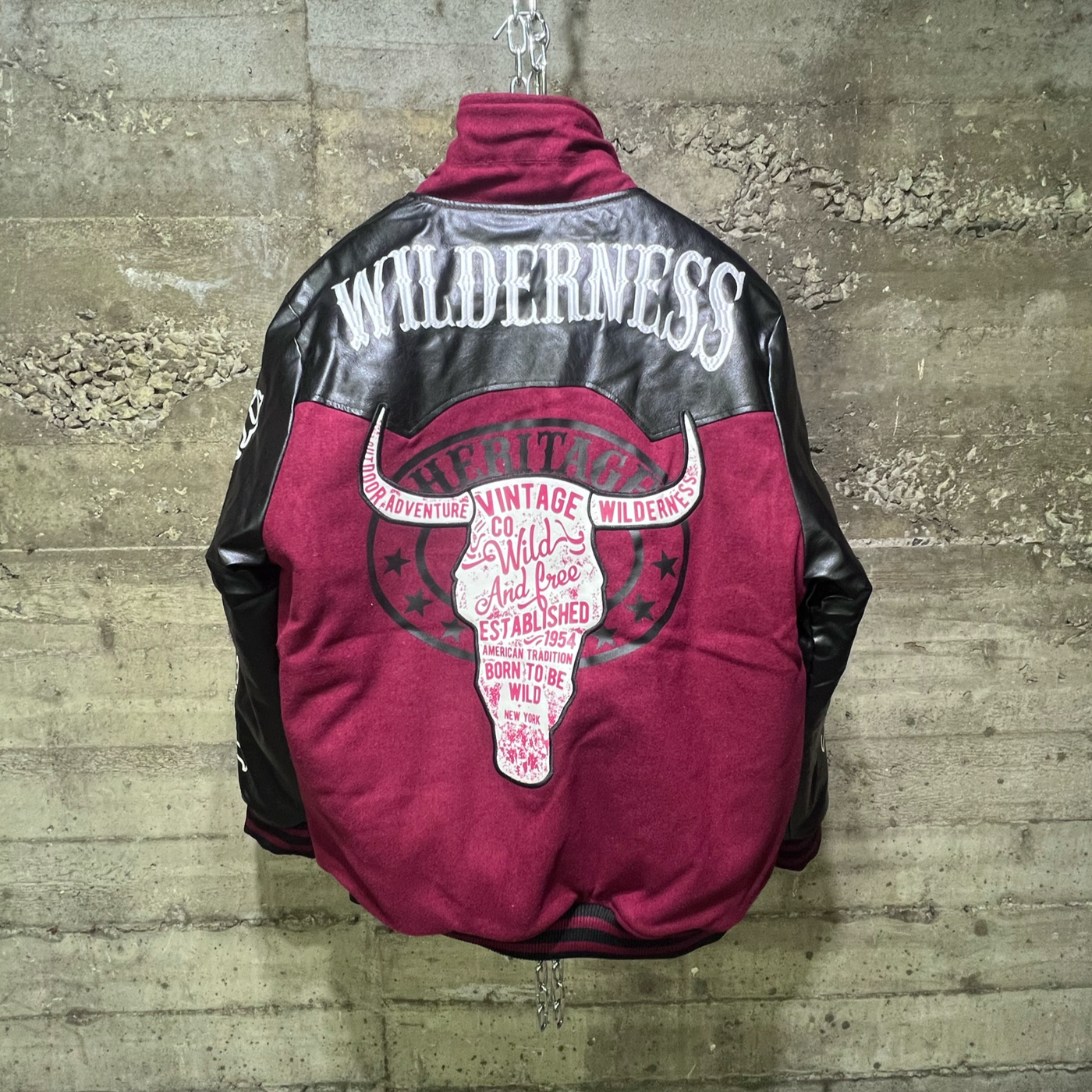 142-592 Rebel Minds Wilderness Wild and Free Varsity Bomber Jacket Burgundy