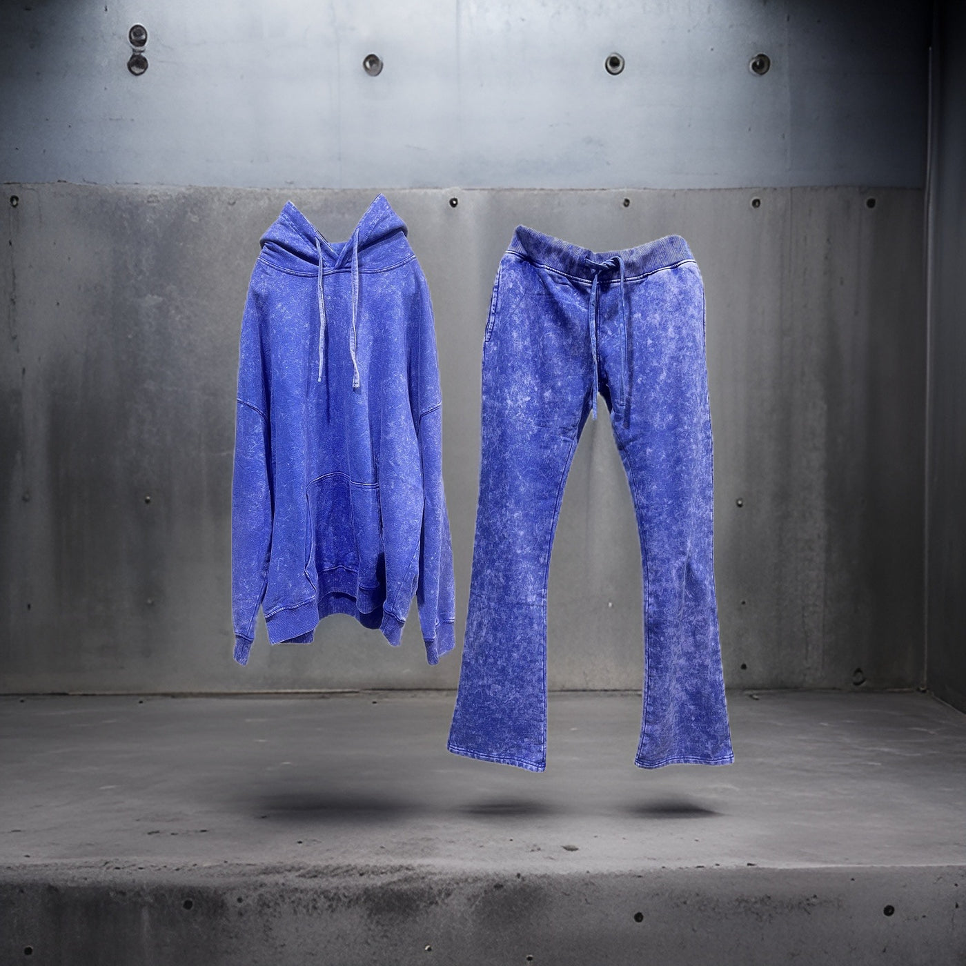 UB3009 Urban Beast Terry Cloth Acid Wash Stacked Jogger Sets Ash Blue