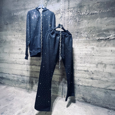 WN3852 Rhinestone Zipper Hoodie Jogger Set Black