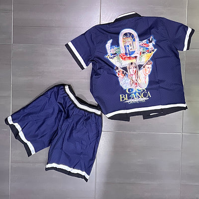 Casablanca Men's Designer Letter Bowling Slim Fit Short Sleeve Shirt Set + Shorts