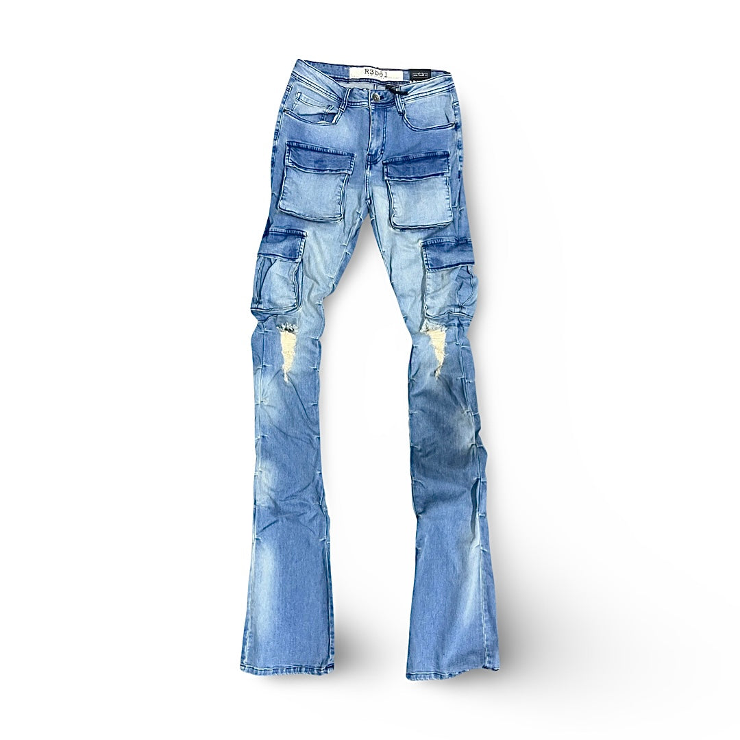 632-684 R3bel Denim Super Stacked Fit Cargo Jeans Indigo