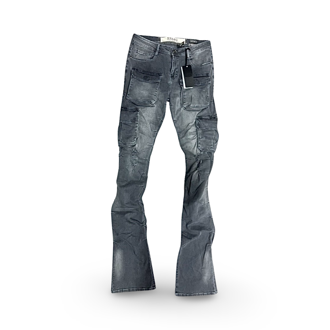 632-684 R3bel Denim Super Stacked Fit Cargo Jeans (Grey)