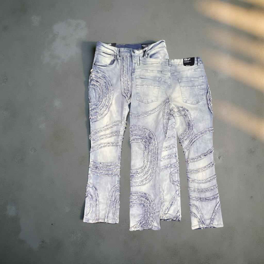 MS-80375 M.Society Sand Blue Flare Stacked Denim Pants