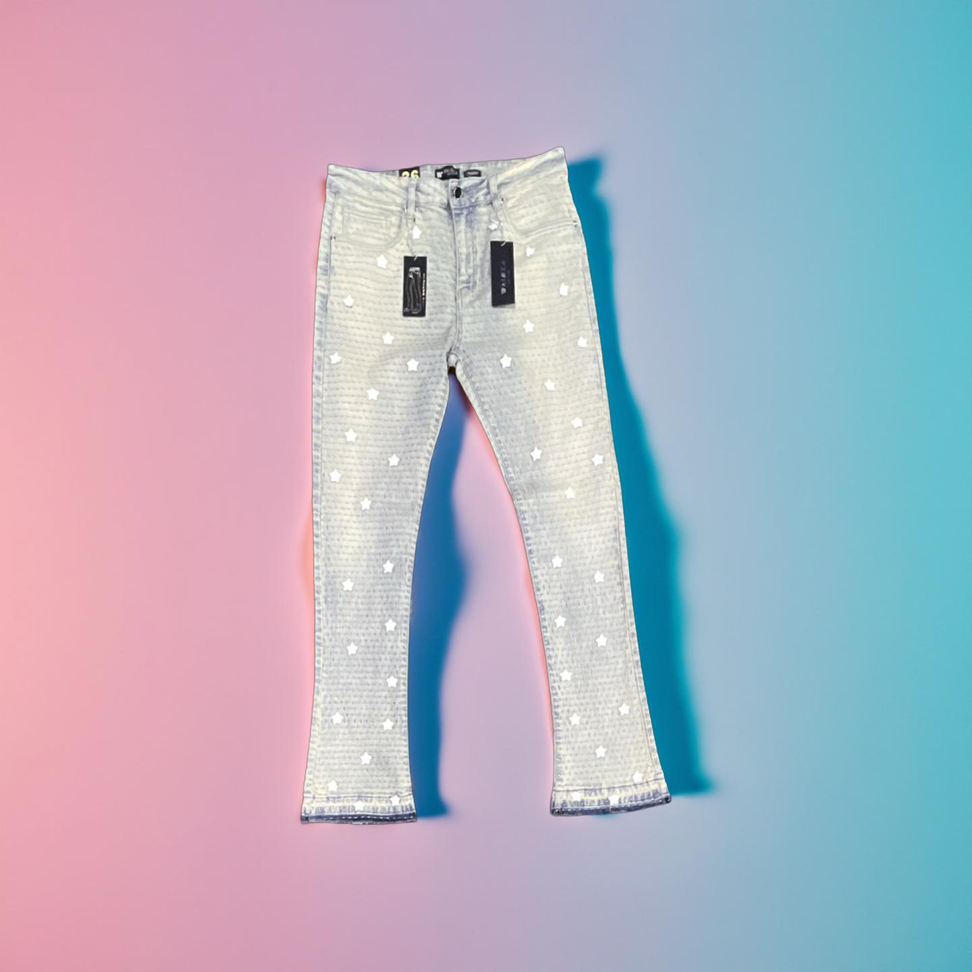M8358D Waimea all-over PU star patches Bleach Wash Stacked Fit Jeans