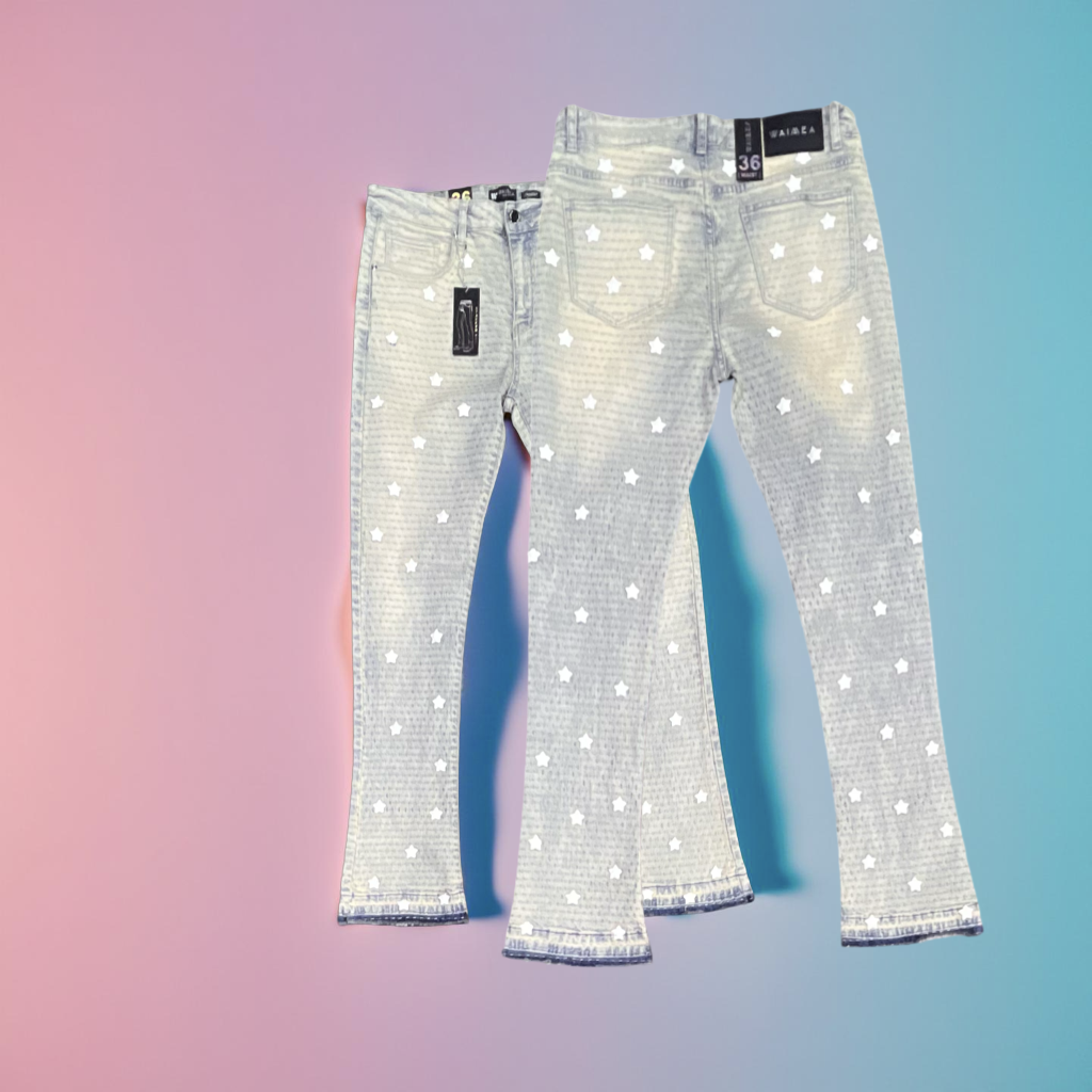 M8358D Waimea all-over PU star patches Bleach Wash Stacked Fit Jeans