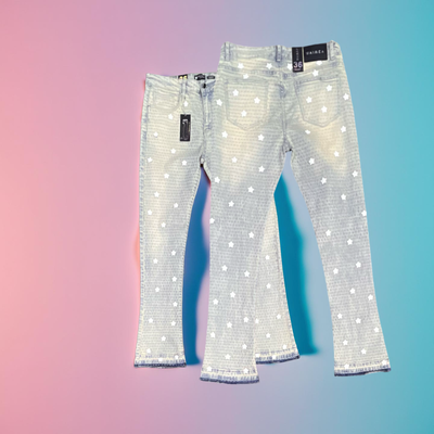 M8358D Waimea all-over PU star patches Bleach Wash Stacked Fit Jeans