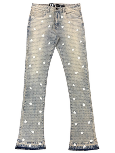 M8358D Waimea all-over PU star patches Bleach Wash Stacked Fit Jeans