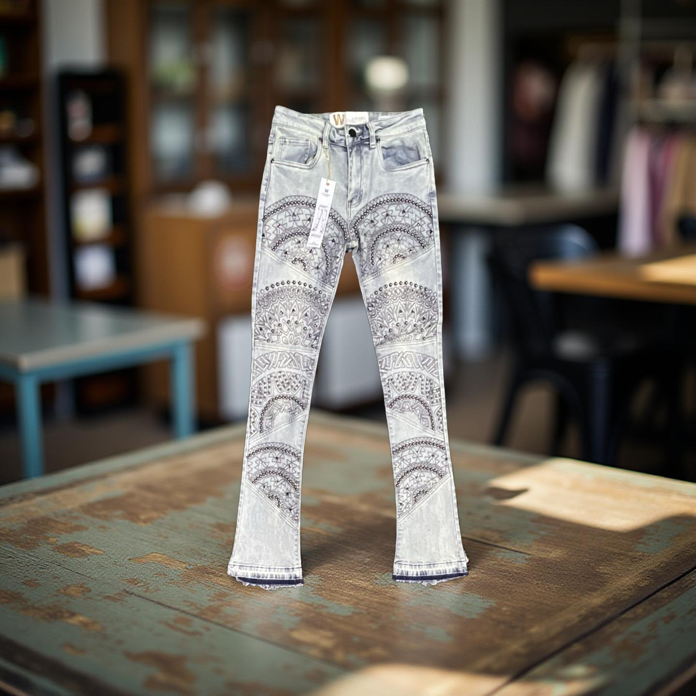 Waimea Cut & Sew Paneling Beads Studds Parrerns Bleach Wash Stacked Fit Jeans