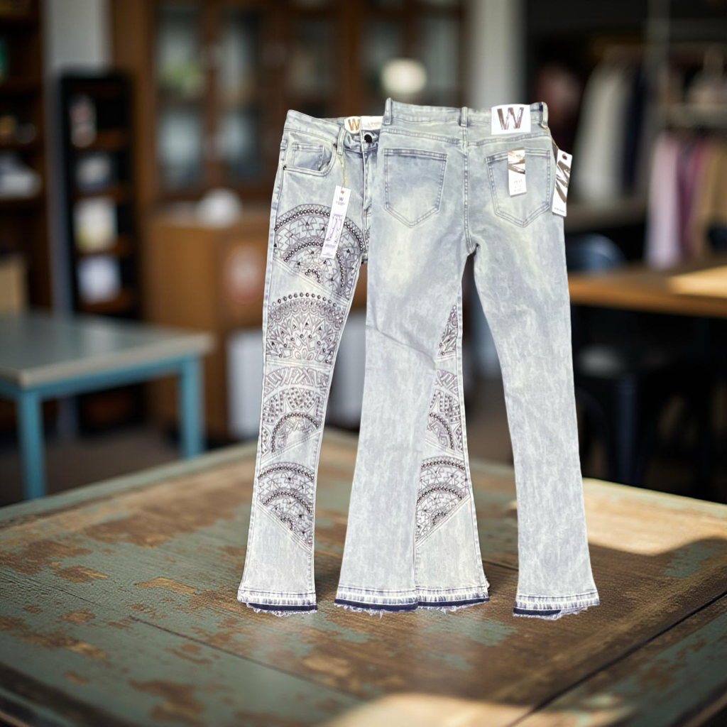 Waimea Cut & Sew Paneling Beads Studds Parrerns Bleach Wash Stacked Fit Jeans