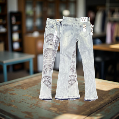 Waimea Cut & Sew Paneling Beads Studds Parrerns Bleach Wash Stacked Fit Jeans