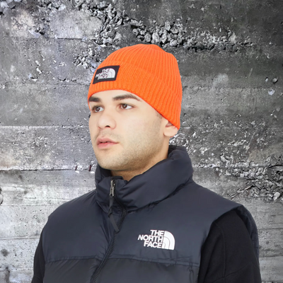NF0A3FJX6HI The North Face TNF Logo Box Cuffed Beanie Hat Digital Orange