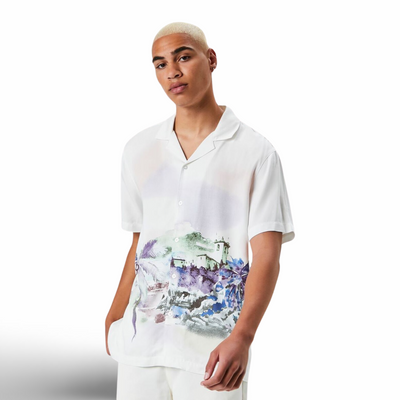 7602 Watercolor Landscape Print Abstract Palm Tree Graphic Shirt Men