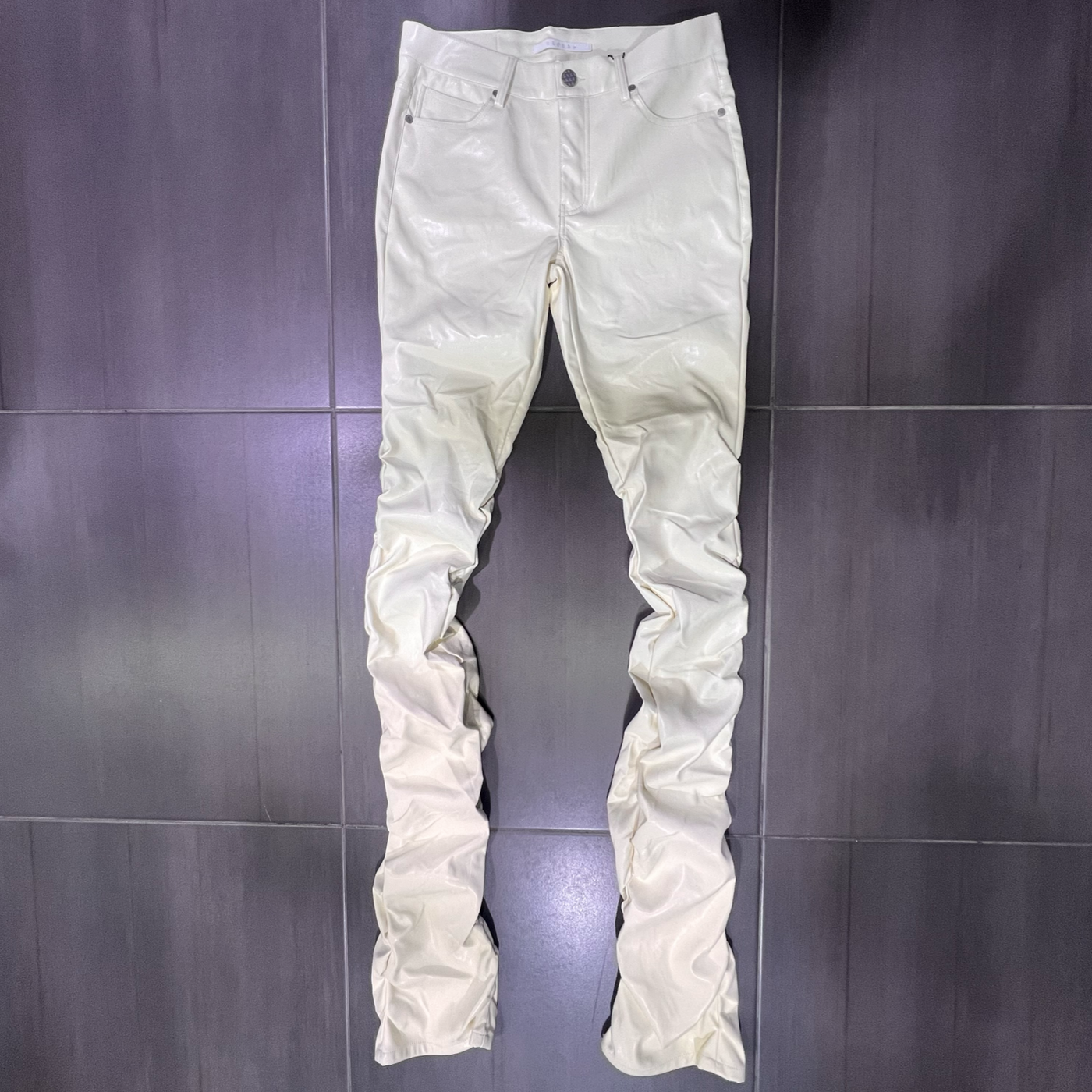 P23880 Kloud9 Cream Faux Leather Super Stack Fit Pants