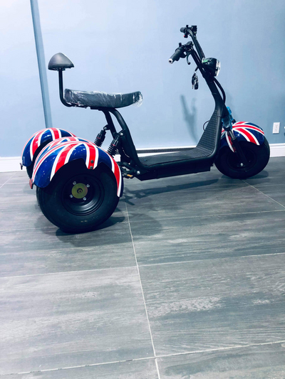 British Flag Electric Tricycle City Coco Fat Tire Scooter 3 Wheels Trike Pedicab 1000w Wide Wheel