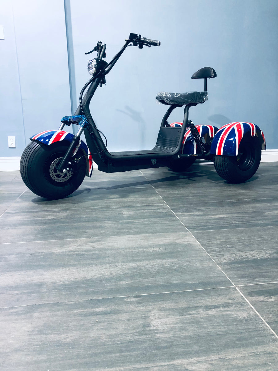 British Flag Electric Tricycle City Coco Fat Tire Scooter 3 Wheels Trike Pedicab 1000w Wide Wheel