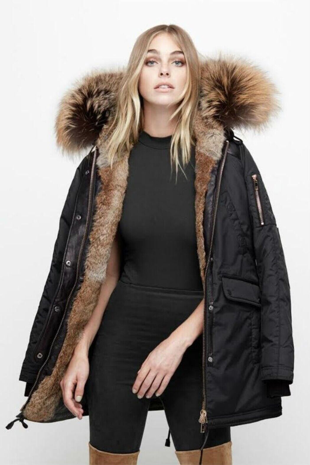 NLJ22915 Nicole Benisti Melrose Fur Line Parka Jacket Coat Black Gold